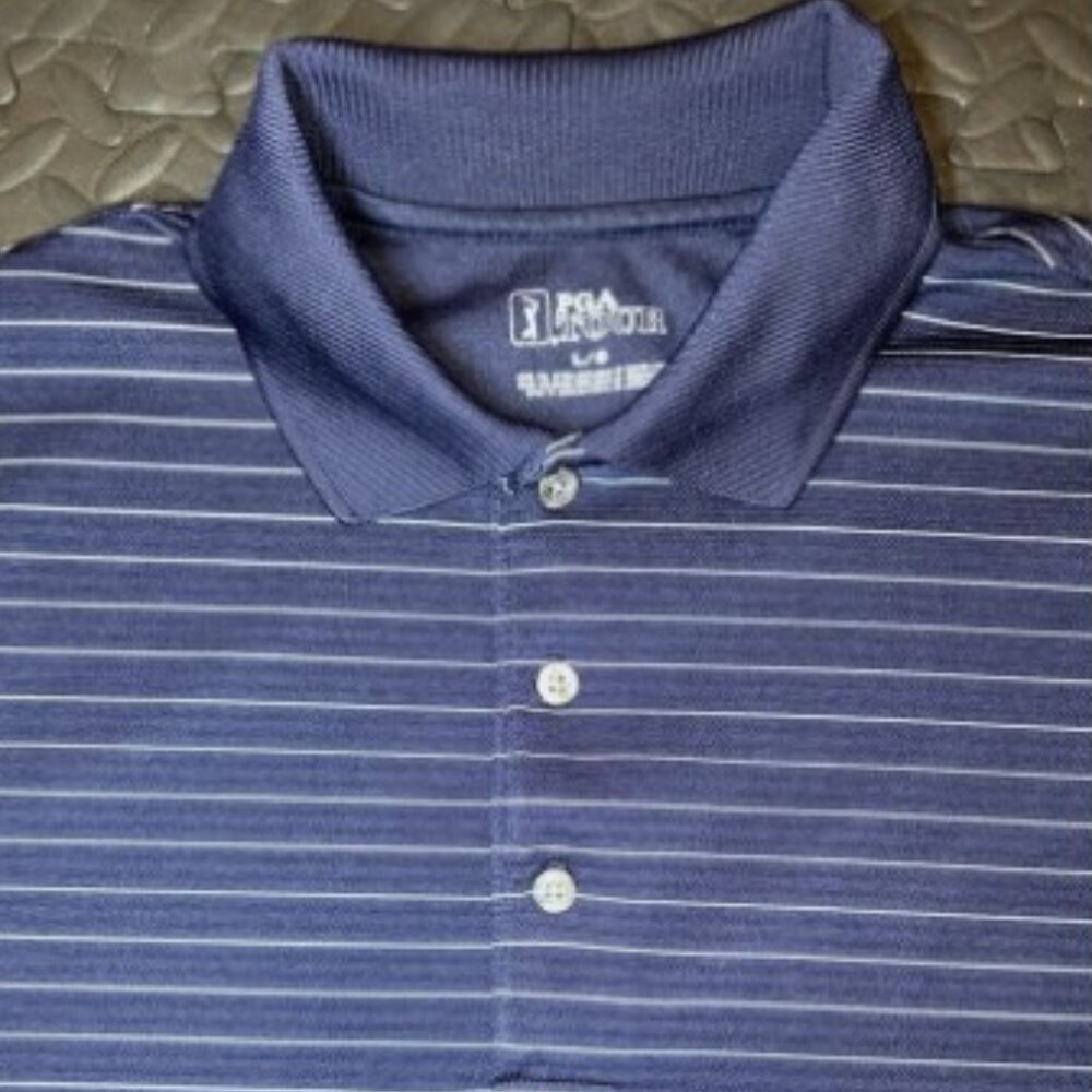 PGA TOUR Men's Blue with White Pinstripes Golf Polo Shirt Size Large Polyester - Picture 4 of 6